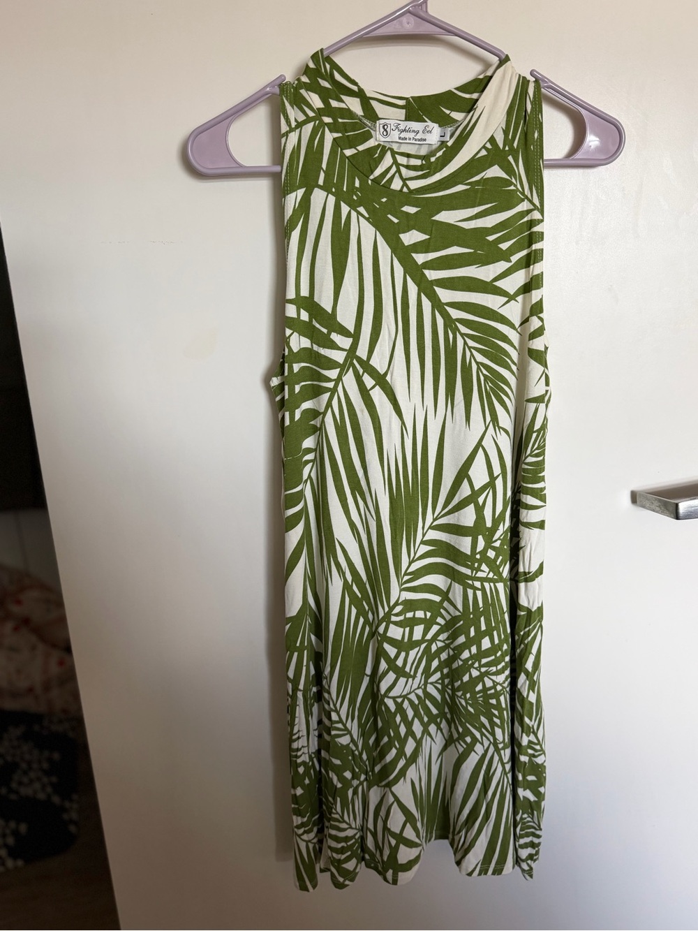 Fighting Eel White and Olive Palm-Print Mini Dress